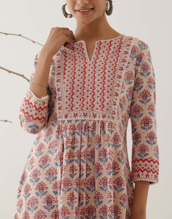 Gulal Light Pink Handblock Printed Gathered Kurta with Lace Finish