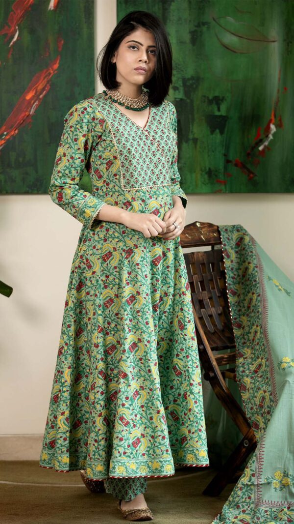 Masakali Green Hand Block Printed Anarkali with Gotta Lace Work