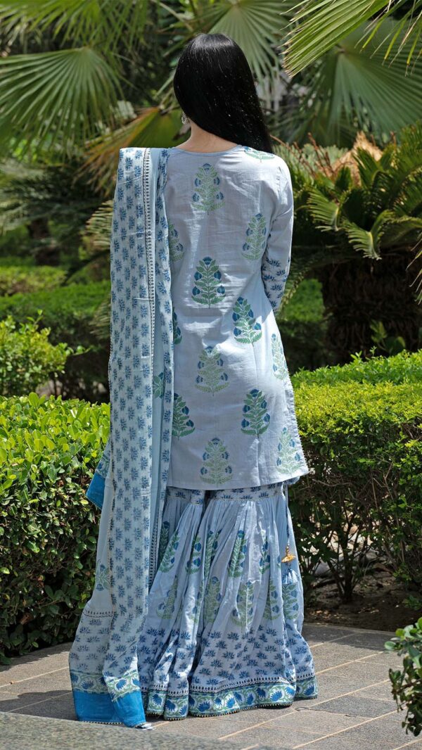 Bahar Ice Blue Hand Block Printed Short Kurta Garara with Gotta Lace Work