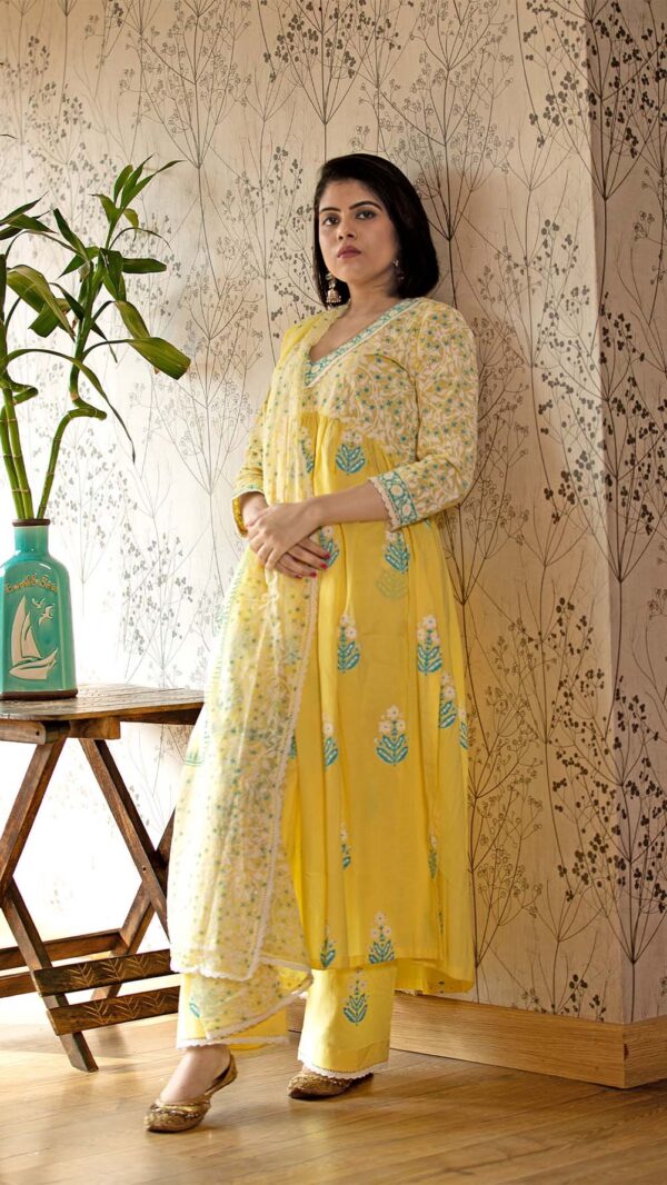 Ruh Yellow Hand Block Printed Gathered Kurta with Lace Finish