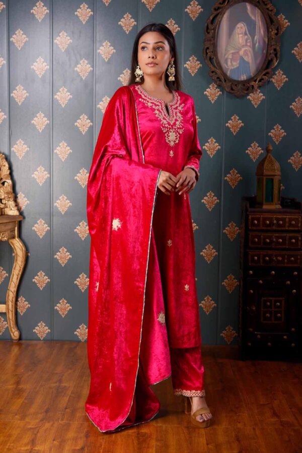 Jashan Ari Embroidery Rani Velvet Kurta Set