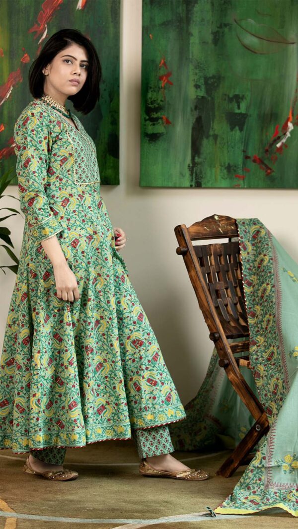 Masakali Green Hand Block Printed Anarkali with Gotta Lace Work