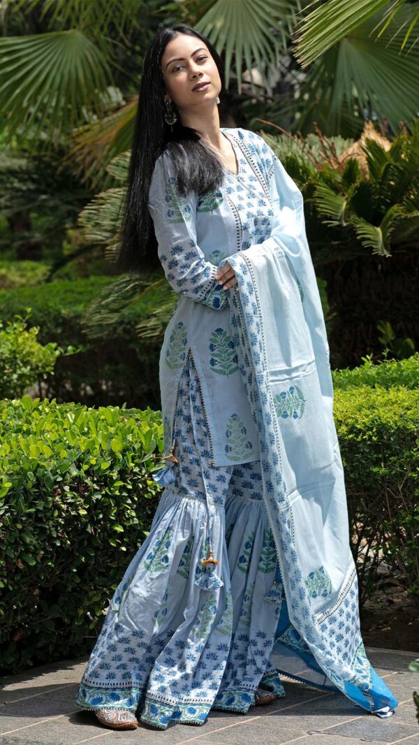 Bahar Ice Blue Hand Block Printed Short Kurta Garara with Gotta Lace Work