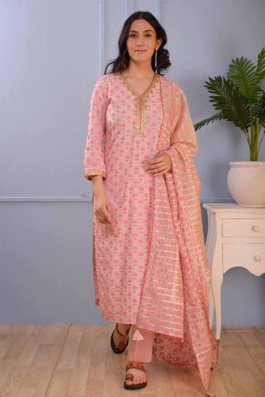 Jashan Pink Block Printed Cotton Silk Kurta Set