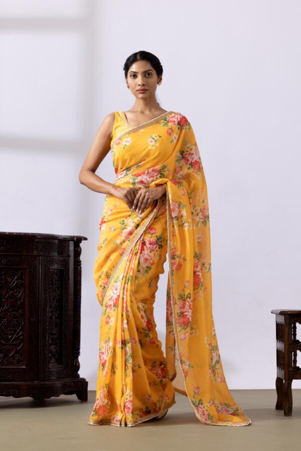 GULMEHER MUSTERED YELLOW DIGITAL PRINT CHANDARY READY TO WEARE SAREE SET OF 2