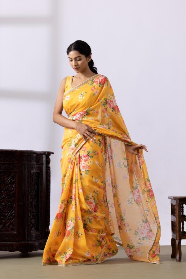 GULMEHER MUSTERED YELLOW DIGITAL PRINT CHANDARY READY TO WEARE SAREE SET OF 2