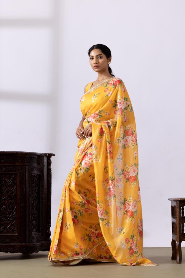 GULMEHER MUSTERED YELLOW DIGITAL PRINT CHANDARY READY TO WEARE SAREE SET OF 2