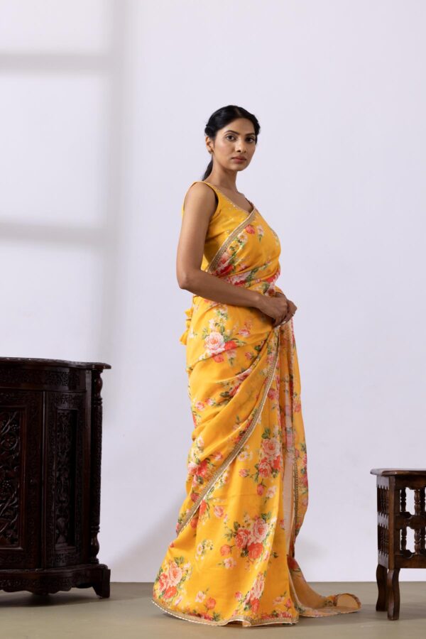 GULMEHER MUSTERED YELLOW DIGITAL PRINT CHANDARY READY TO WEARE SAREE SET OF 2