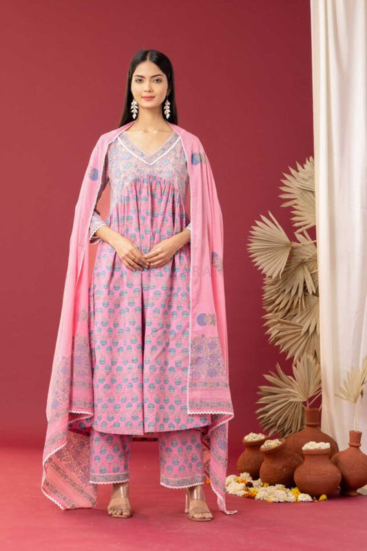 PHAGUN PINK BLOCK PRINTED COTTON CAMBRIC GATHER ANARKALI WITH PLAZZO SET OF 3