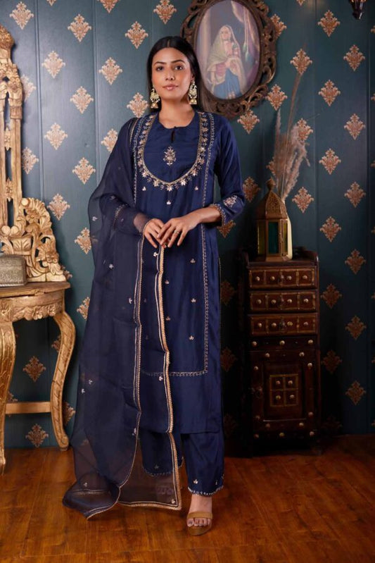 Jashan Hand Embroidery Navi Blue Cotton Silk Kurta Set