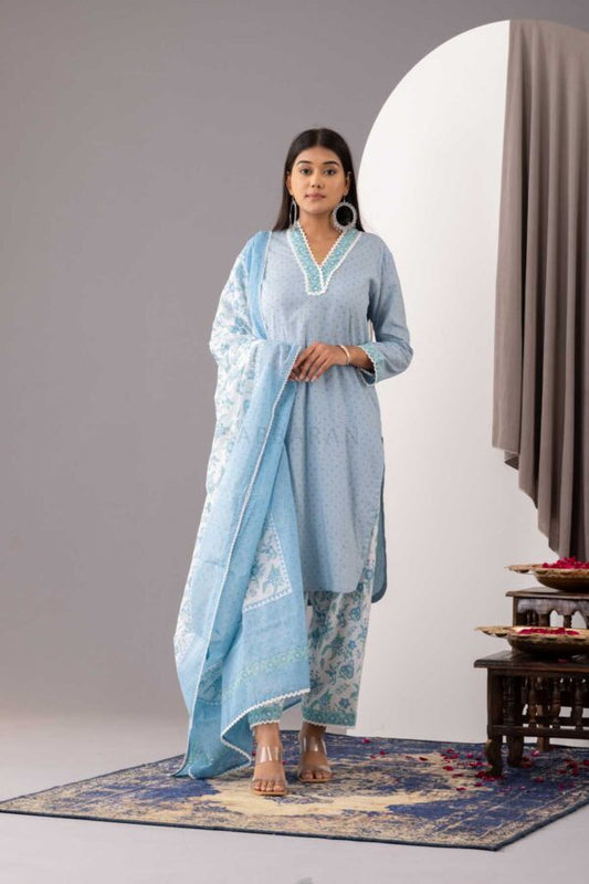 PHAGUN POWDER BLUE BLOCK PRINTED COTTON CAMBRIC KURTA WITH SALWAR SET OF 3