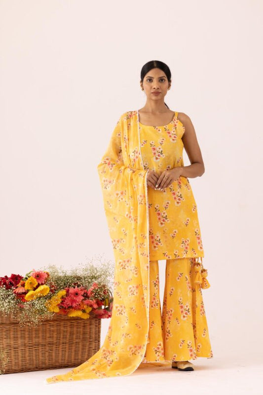 GULMEHER MUSTERED YELLOW DIGITAL PRINT COTTON GARARA SET OF 3