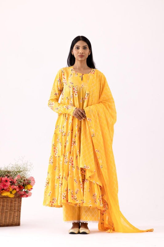 GULMEHER MUSTERED YELLOW DIGITAL PRINT COTTON LAYERED ANARKALI WITH PLAZZO SET OF 3