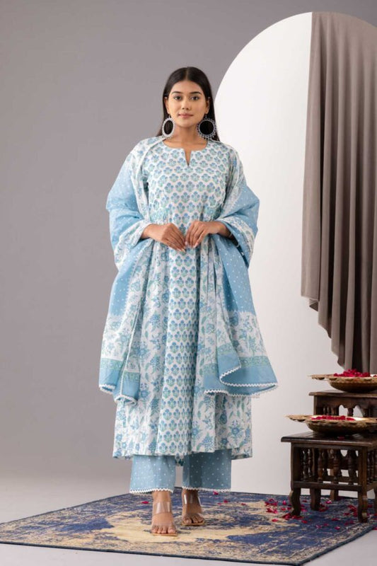 PHAGUN POWDER BLUE BLOCK PRINTED COTTON CAMBRIC A-LINE KURTA WITH PLAZZO SET OF 3