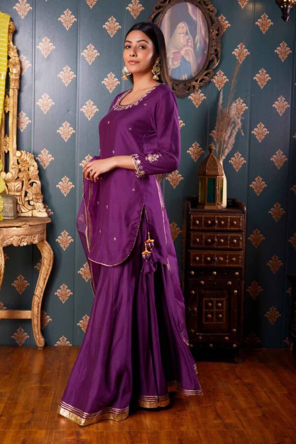 Jashan Hand Embroidery Purple Cotton Silk Garara Set