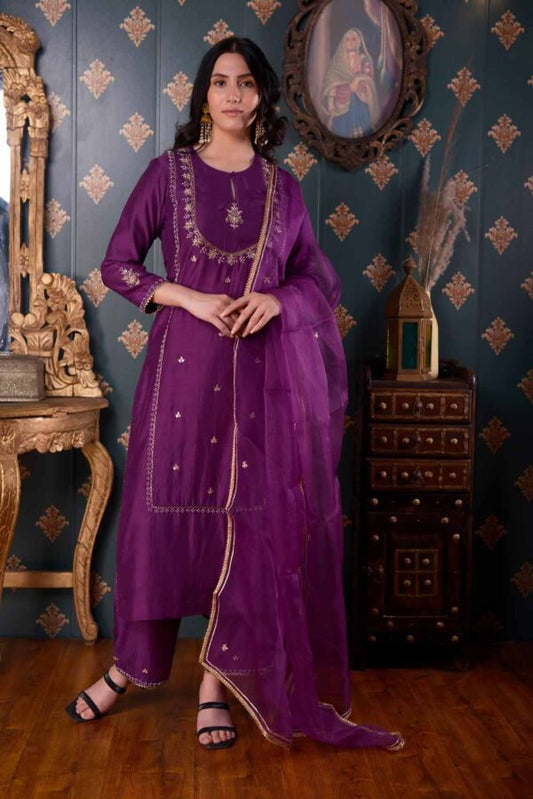 Jashan Hand Embroidery Purple Cotton Silk Kurta Set