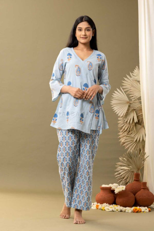 PHAGUN POWDER BLUE BLOCK PRINTED COTTON CAMBRIC ANGRAKHA KURTA WITH PANT SET OF 2