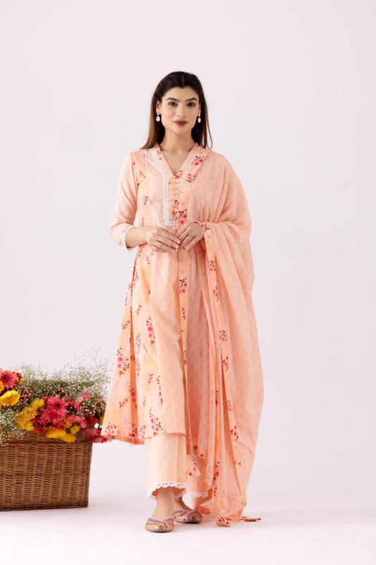 GULMEHER PEACH DIGITAL PRINT COTTON A-LINE KURTA WITH PLAZZO SET OF 3