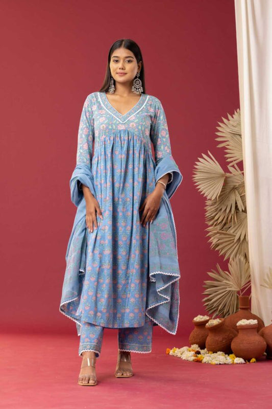 PHAGUN POWDER BLUE BLOCK PRINTED COTTON CAMBRIC GATHER ANARKALI WITH PLAZZO SET OF 3