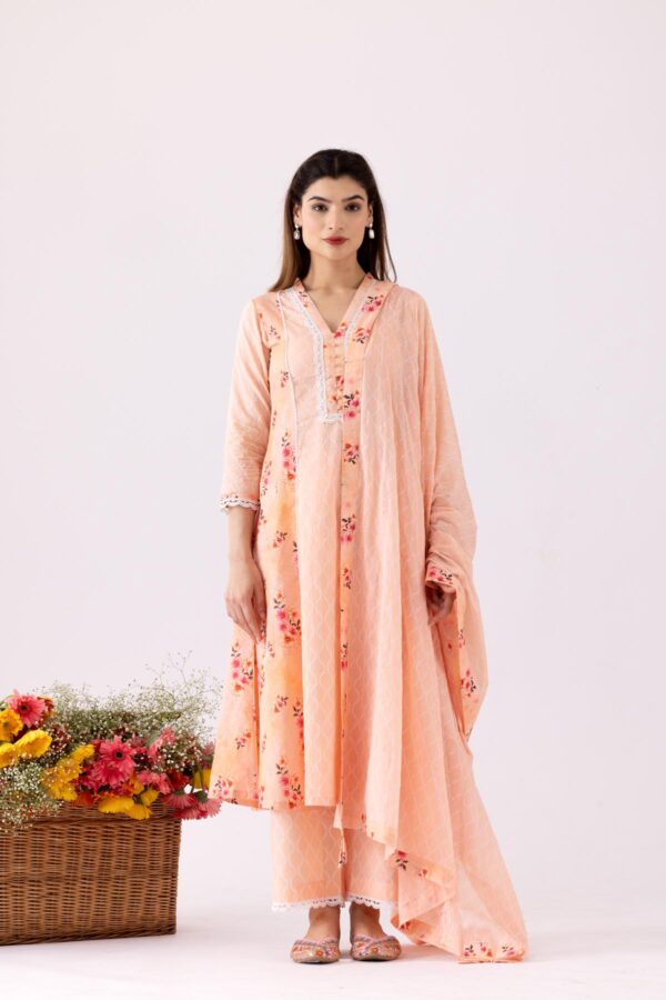 GULMEHER PEACH DIGITAL PRINT COTTON A-LINE KURTA WITH PLAZZO SET OF 3