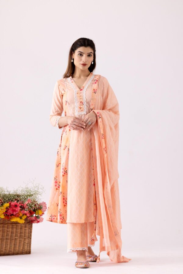 GULMEHER PEACH DIGITAL PRINT COTTON A-LINE KURTA WITH PLAZZO SET OF 3