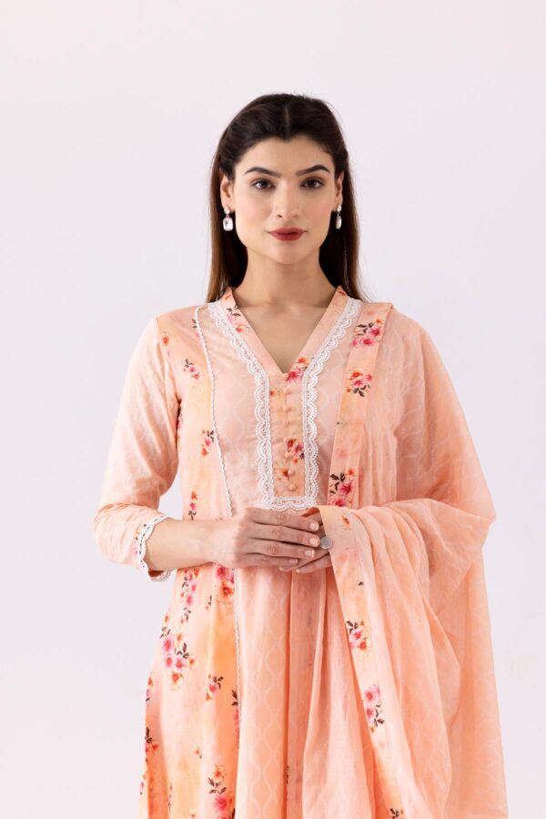 GULMEHER PEACH DIGITAL PRINT COTTON A-LINE KURTA WITH PLAZZO SET OF 3