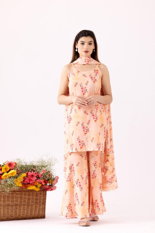 GULMEHER PEACH DIGITAL PRINT COTTON GARARA SET OF 3