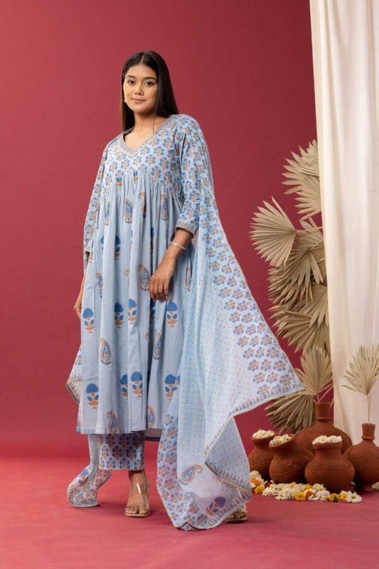 PHAGUN POWDER BLUE BLOCK PRINTED COTTON CAMBRIC GATHER KURTA SET OF 3