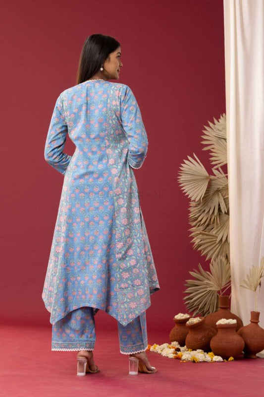 PHAGUN POWDER BLUE BLOCK PRINTED COTTON CAMBRIC HIGH LOW KURTA WITH PLAZZO SET OF 3