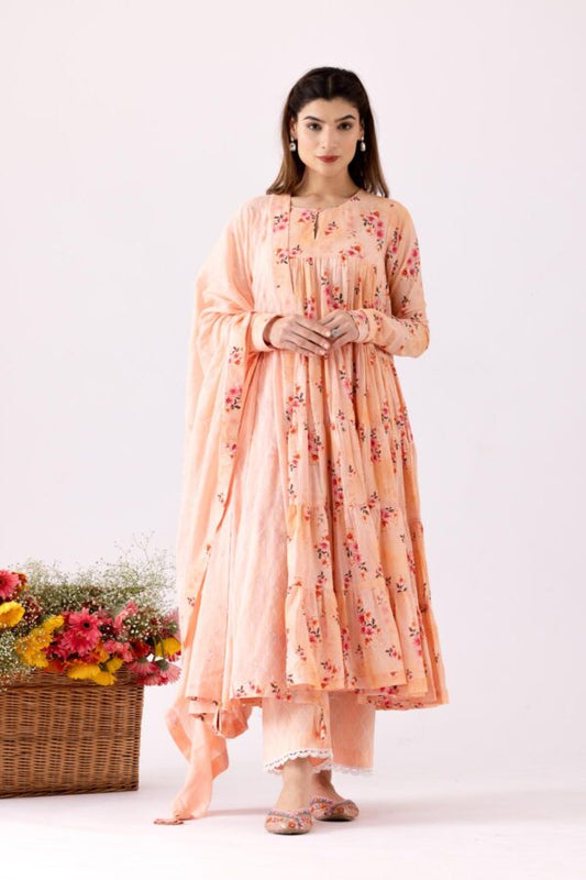 GULMEHER PEACH DIGITAL PRINT COTTON LAYERED ANARKALI WITH PLAZZO SET OF 3