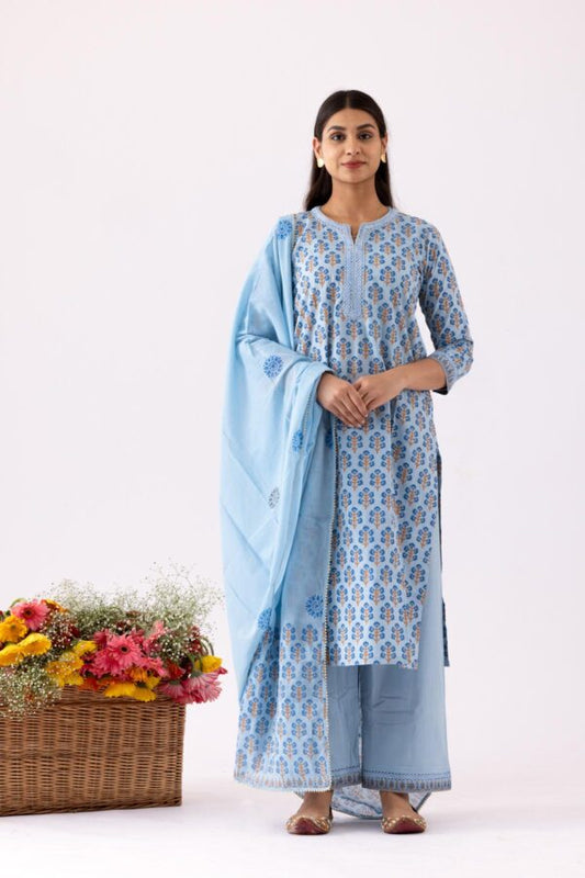 PHAGUN POWDER BLUE BLOCK PRINTED COTTON CAMBRIC STRAIGHT KURTA WITH PLAZZO SET OF 3