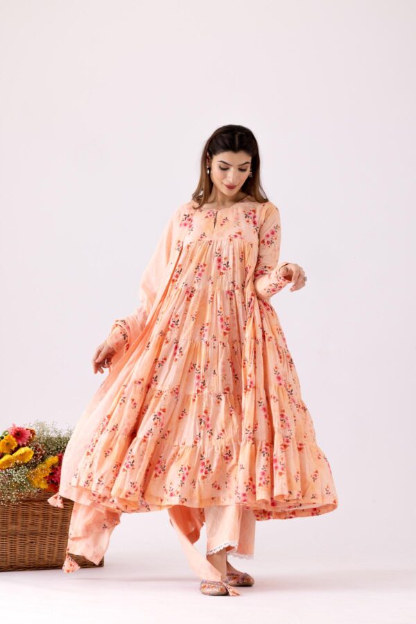 GULMEHER PEACH DIGITAL PRINT COTTON LAYERED ANARKALI WITH PLAZZO SET OF 3