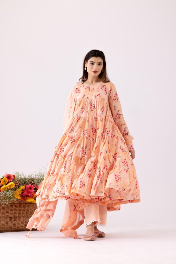 GULMEHER PEACH DIGITAL PRINT COTTON LAYERED ANARKALI WITH PLAZZO SET OF 3