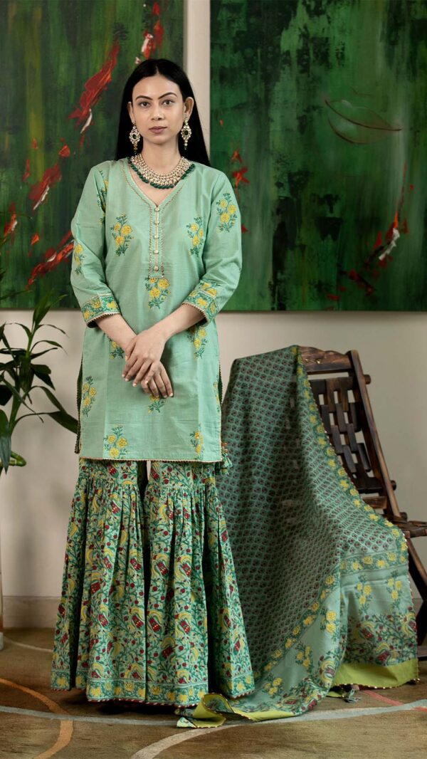 Masakali Green Hand Block Printed Garara with Gotta Lace Work