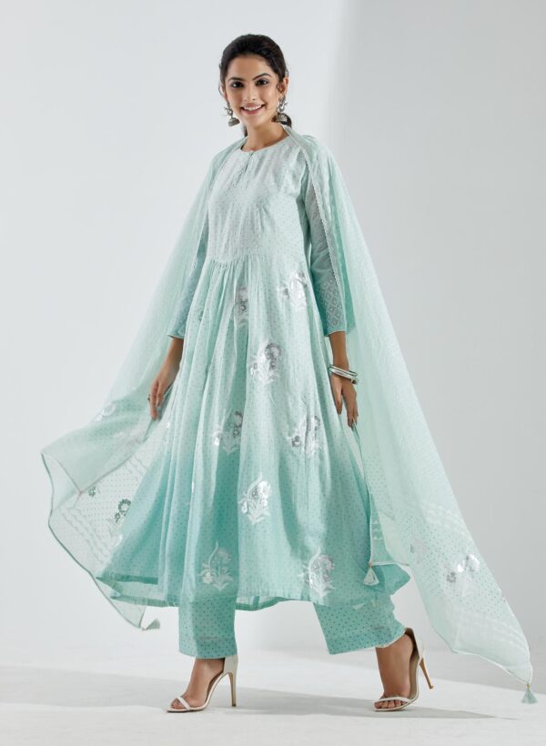 Nargis Aqua Ombre 3Pcs Gathered Yoke Kurta Set