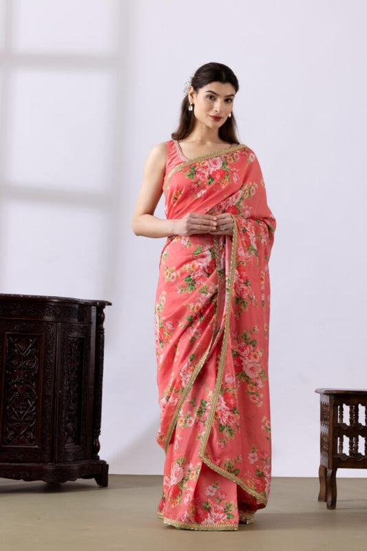 GULMEHER PINK DIGITAL PRINT CHANDARY READY TO WEARE SAREE SET OF 2