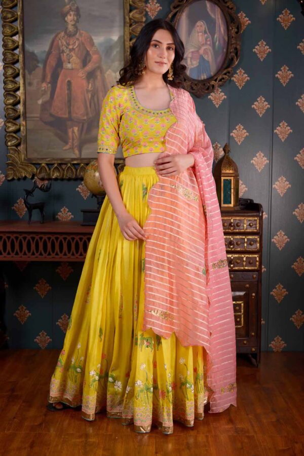 Jashan Foil Printed Cotton Silk Lemon Yellow Lehenga Set