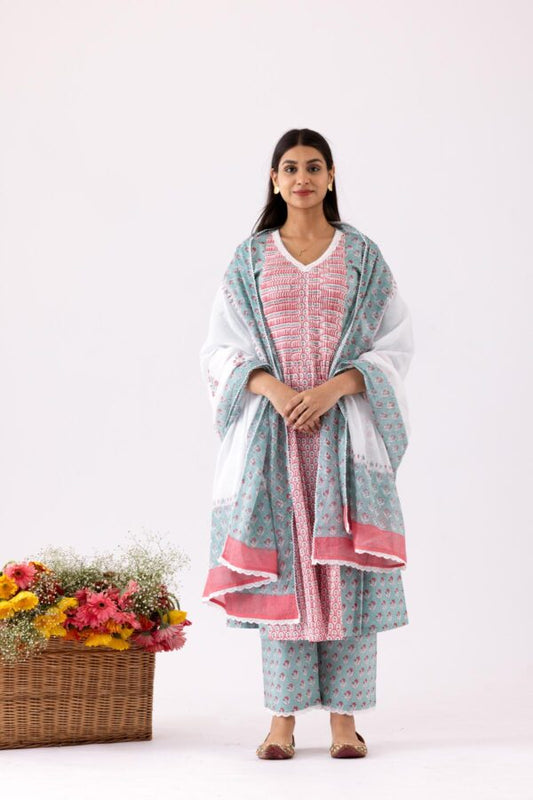 GULMEHER AQUA BLOCK PRINT COTTON PINTUK ANARKALI WITH PLAZZO SET OF 3