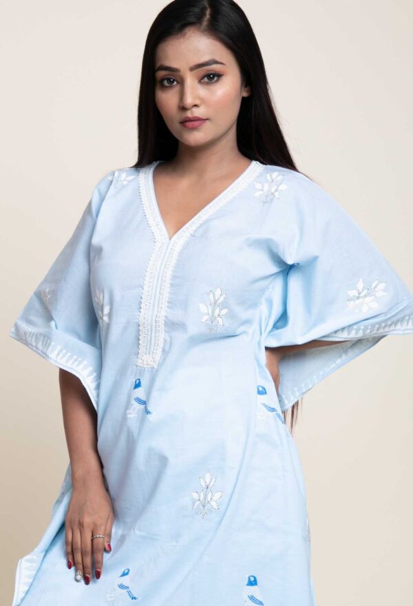 Bird Foil Printed Kaftan With Lace Finish. Plazzo With Abstract Design Print