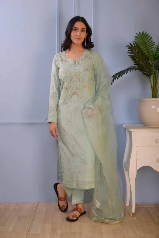 Jashan Aqua Lucknowi Cotton Silk Kurta Set