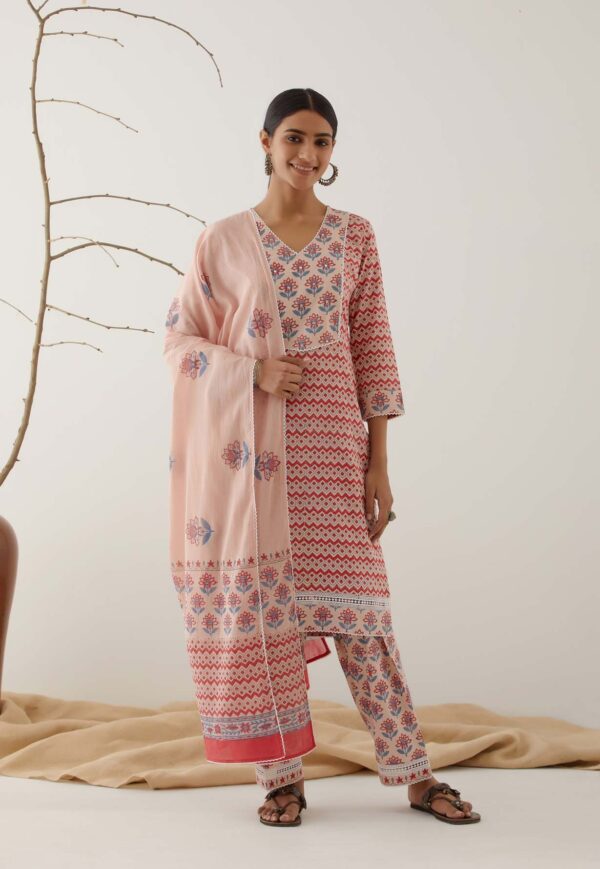 Gulal Light Pink Handblock Printed Salwar Kurta with Lace Finish