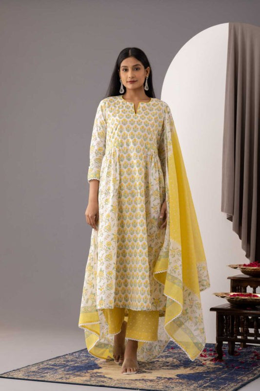 PHAGUN IVORY BLOCK PRINTED COTTON CAMBRIC A-LINE KURTA WITH YELLOW PLAZZO SET OF 3