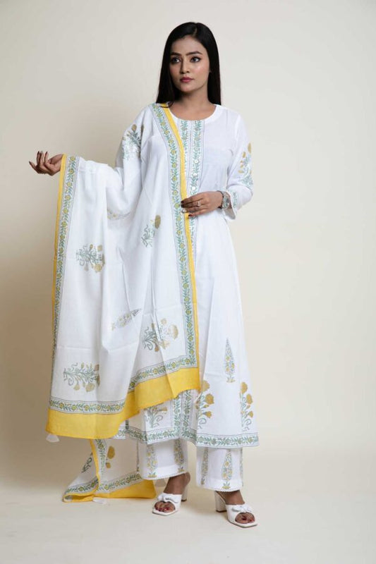 Mughal Design Foil Printed Aline Kurta With Lace Finish. Plazzo and Mulmul Dupatta With Mughal Design Foil Print