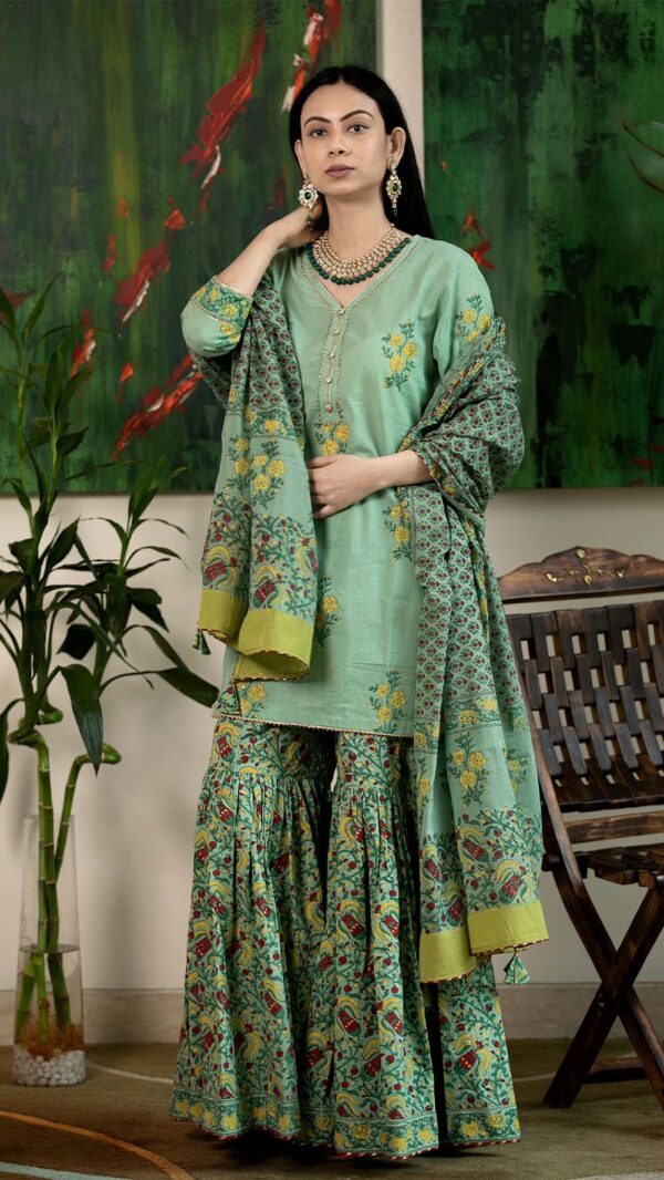 Masakali Green Hand Block Printed Garara with Gotta Lace Work