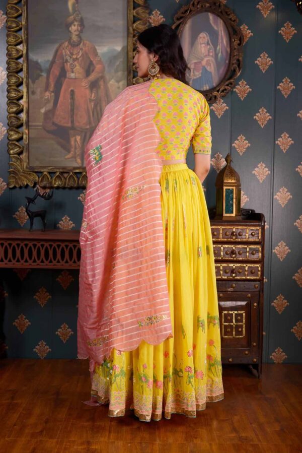 Jashan Foil Printed Cotton Silk Lemon Yellow Lehenga Set