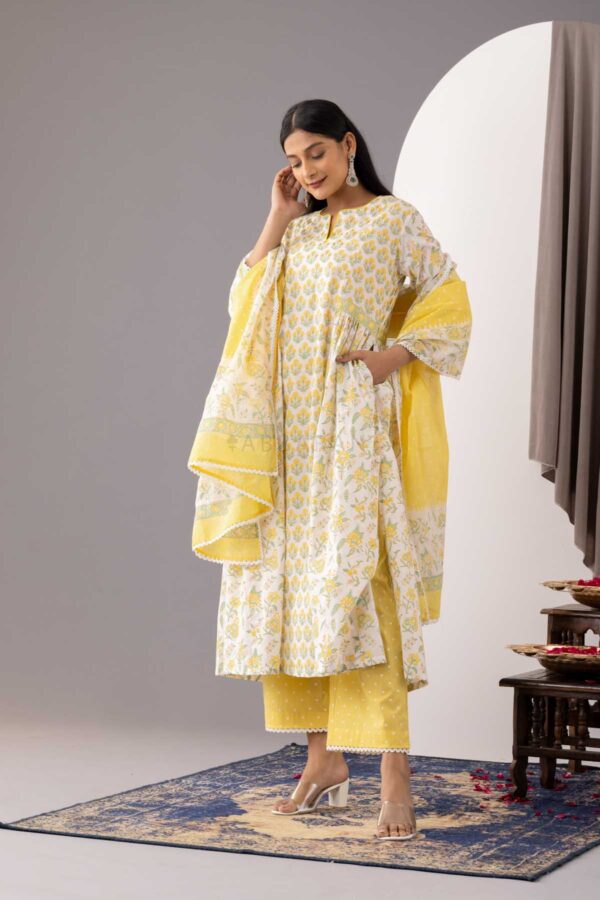 PHAGUN IVORY BLOCK PRINTED COTTON CAMBRIC A-LINE KURTA WITH YELLOW PLAZZO SET OF 3