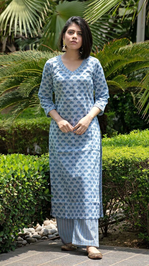 Bahar Ice Blue Hand Block Printed Straight Kurta with Gotta Lace Work and Strip Plazzo