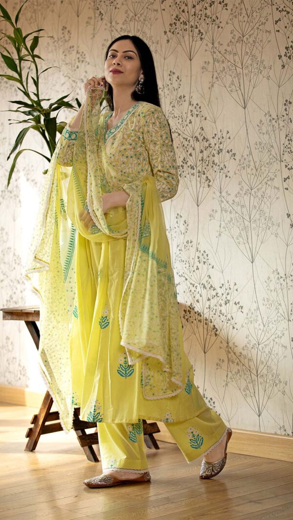 Ruh Lemon Hand Block Printed Gathered Kurta with Lace Finish