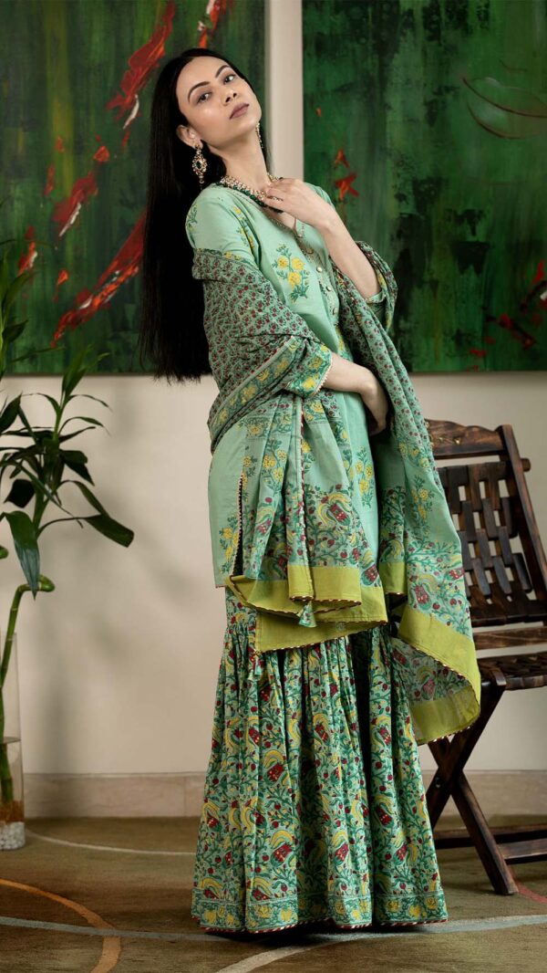 Masakali Green Hand Block Printed Garara with Gotta Lace Work