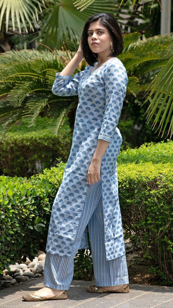 Bahar Ice Blue Hand Block Printed Straight Kurta with Gotta Lace Work and Strip Plazzo